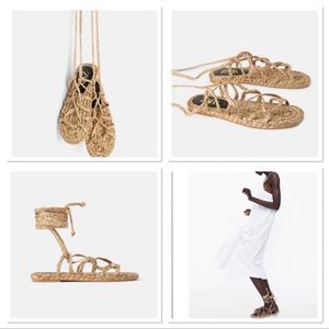 Zara Natural Woven Jute Tie Up Strap Sandals Size 6.5(37)